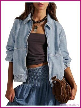 Long Sleeve Zip Up Elastic Hem Classic Loose Jean Bomber Jacket Outfit
